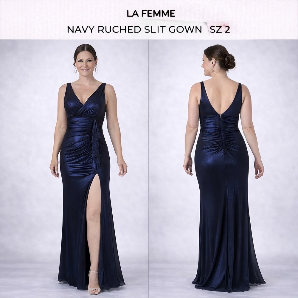 LA FEMME NAVY RUCHED SLIT GOWN SZ 2